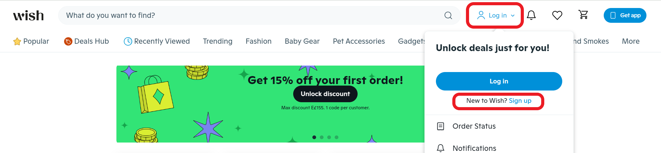 Wish.com login and sign up- screenshot from desktop screen