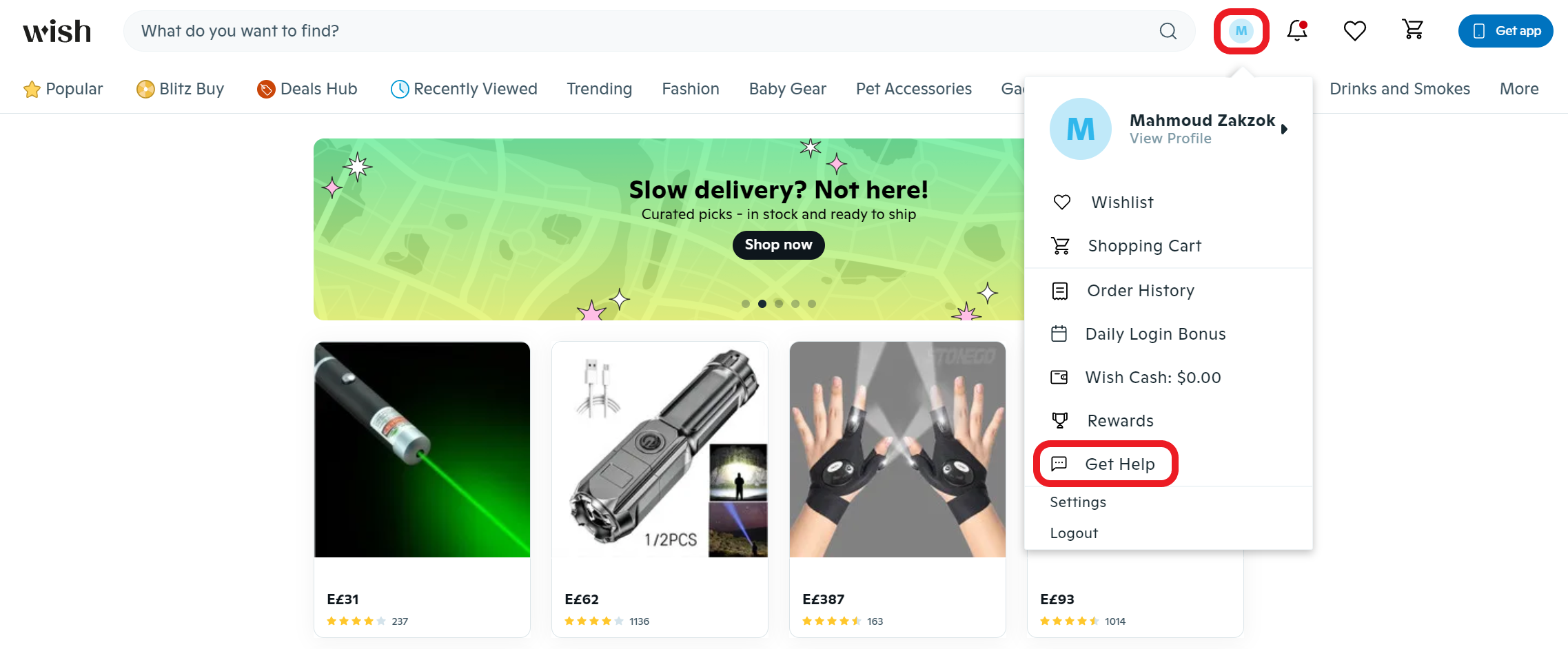 Wish.com get help- screenshot from desktop screen