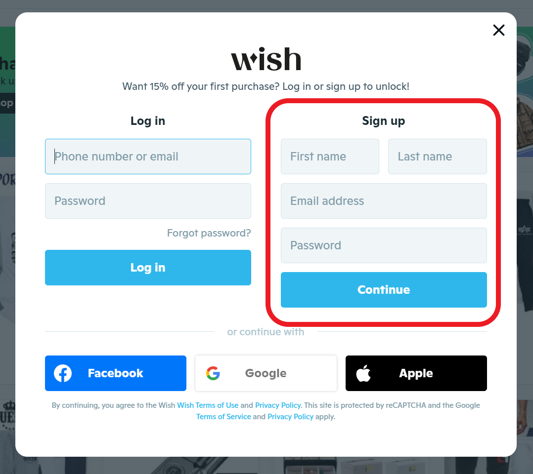 Wish.com sign up form- screenshot from desktop screen